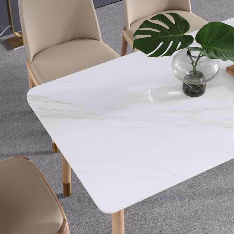 Mesa de comedor rectangular moderna de piedra sinterizada, mesa superior de piedra blanca con 4 patas de madera
