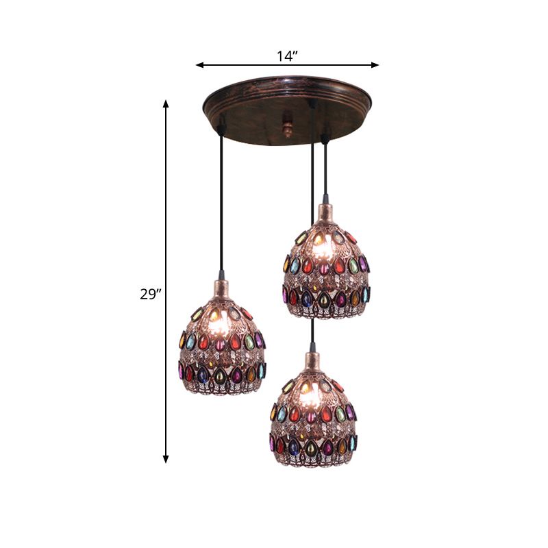 Rust 3 Bulbs Multi Light Pendant Traditional Metal Dome Suspension Lamp with Round/Linear Canopy for Bedroom