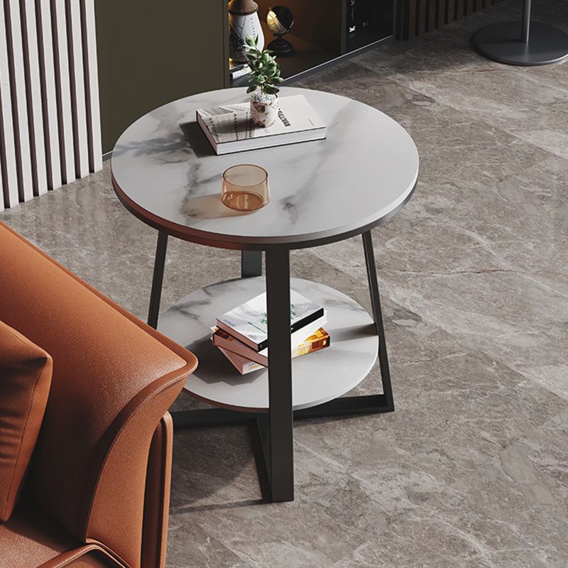 Contemporary Stone End Table Cross Base Round Top Side End Table with Shelf
