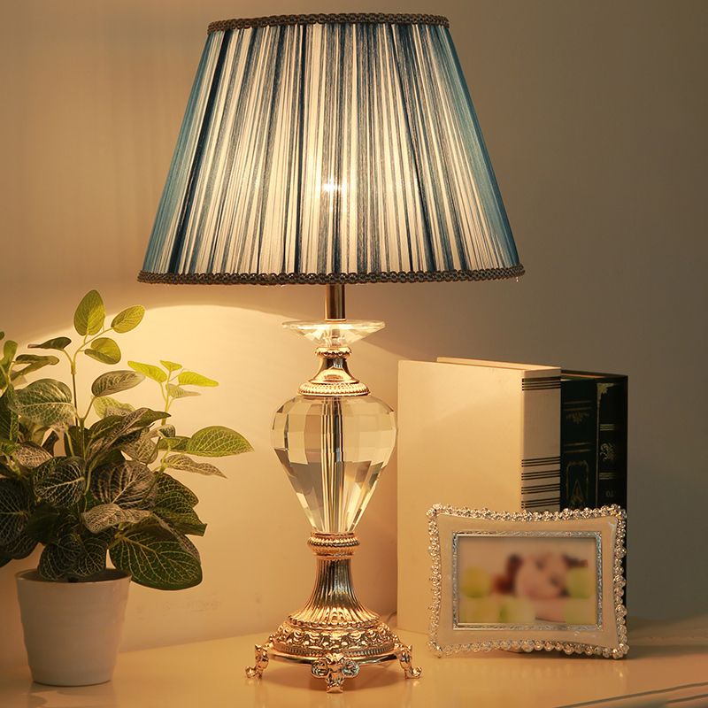 Gearceerde bureaulamp moderne stof 1 lamp blauw tafellicht met gebeeldhouwde koperen metalen basis