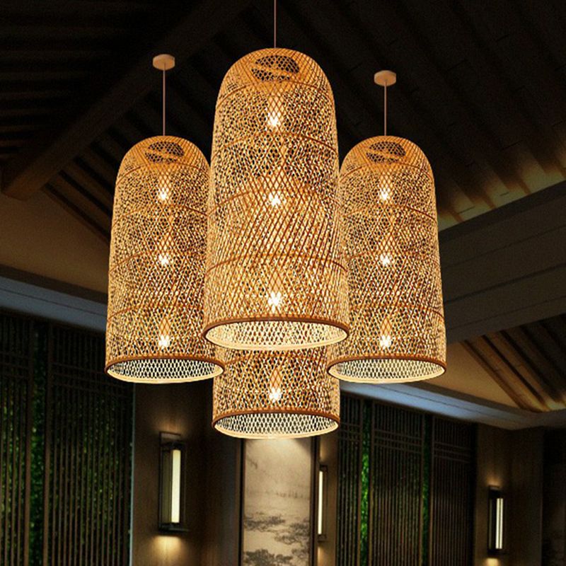 Hand Woven Bamboo Pendant Light Kit Asian 1 Head Beige Suspended Lighting Fixture