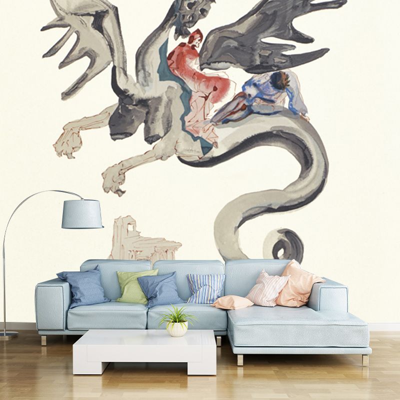 Religion Ghost Mural Wallpaper Surrealism Style Non-Woven Wall Decor in Light Yellow