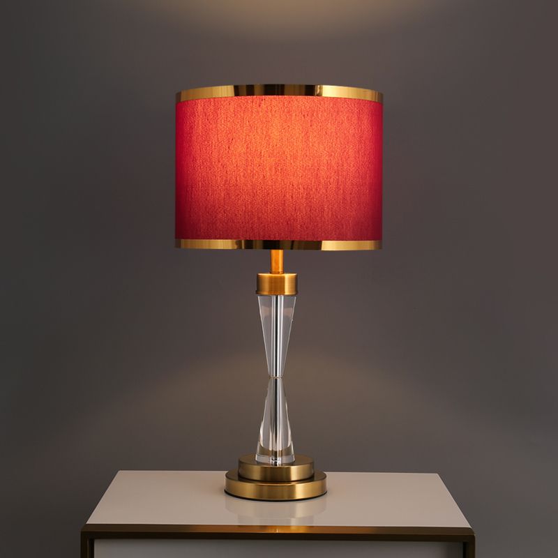 Fabric Shade Red Table Light Round 1 Head Traditional Crystal Night Stand Lamp for Living Room