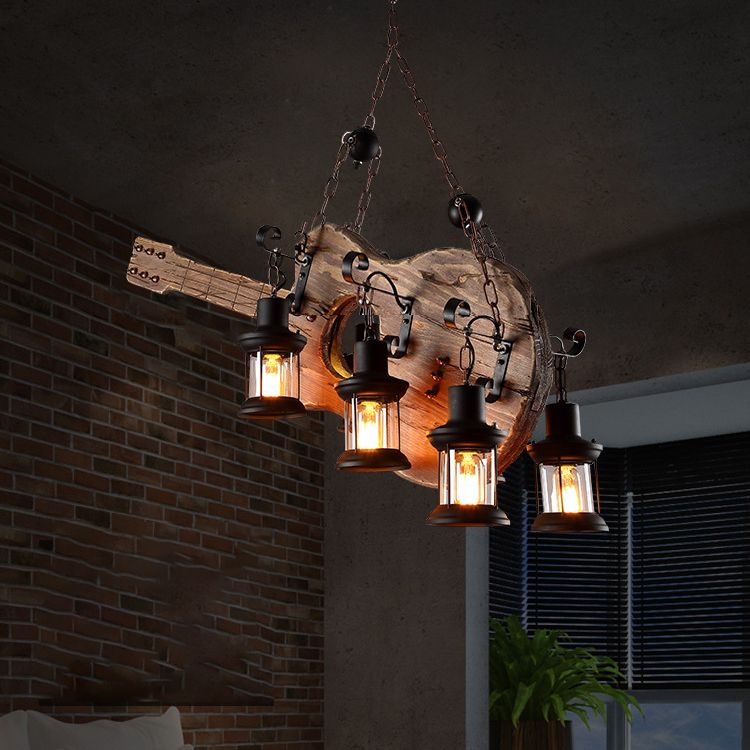 Guitar Chandelier Lighting Rustic Style Wooden Cafe Bar Pendant Light with Glass Kerosene Lantern