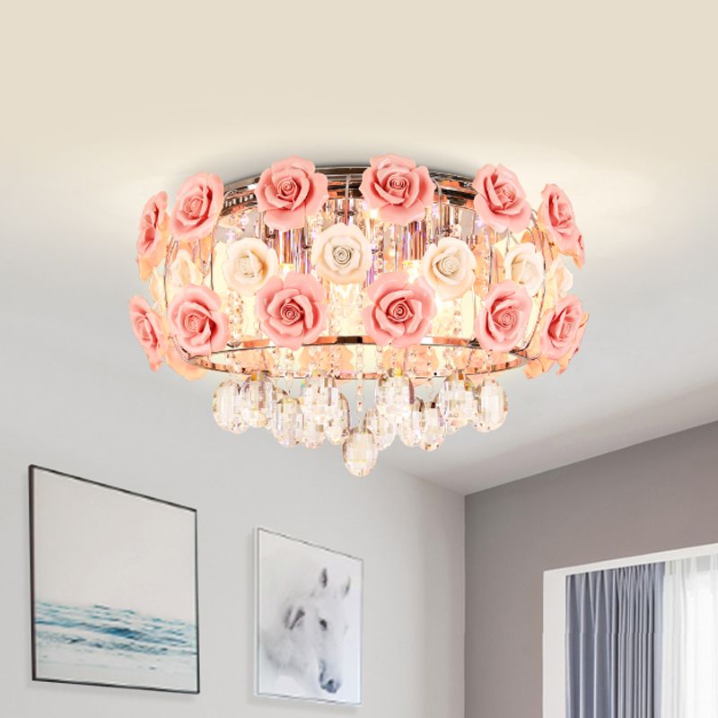 Pink Blooming Rose Ceiling Light Modern Romantic Crystal 6-Bulb Living Room Flush Mount Chandelier