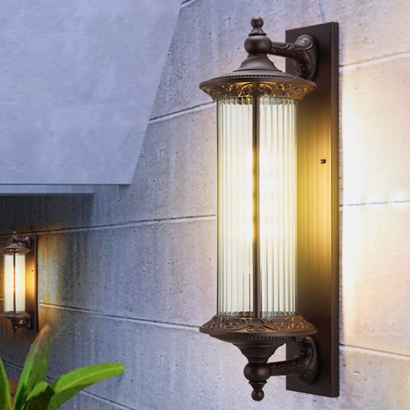 1-Light Sconce Country Outdoor Wall Mount Lamp Fixture with Cylinder Clear Ribbed Glass Shade in Dark Coffee
