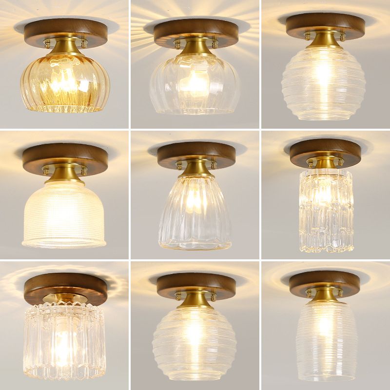 Simplicity Small Ceiling Flush Light Clear Glass 1 Bulb Entryway Flush Mount Light in Dark Wood
