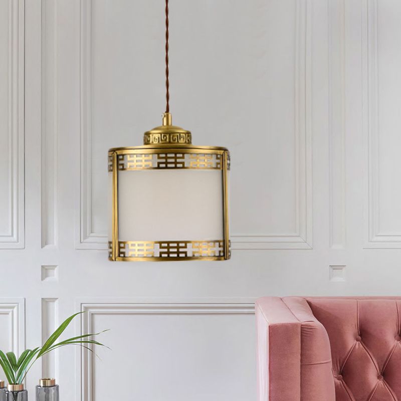 Cylinder Frosted Glass Pendant Lamp Traditional 1 Light Corridor Hanging Ceiling Light in Brass with Metal Frame
