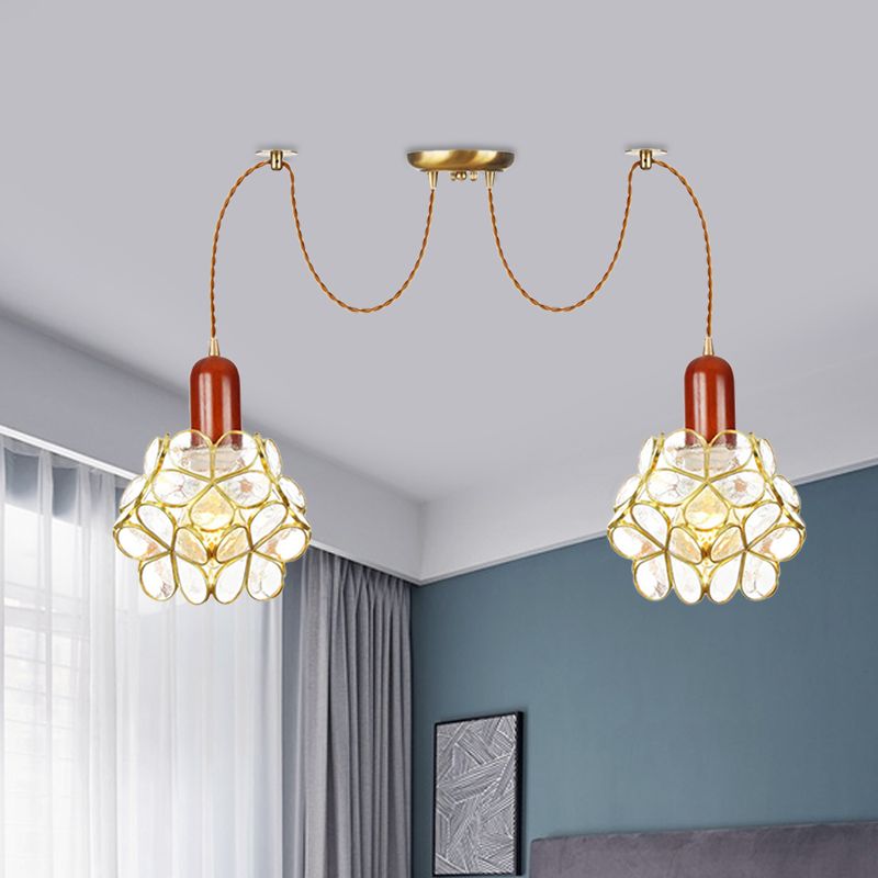 2/3/4-Head Clear Water Glass Pendant Light Traditional Gold Flower Bedroom Swag Multiple Hanging Lamp