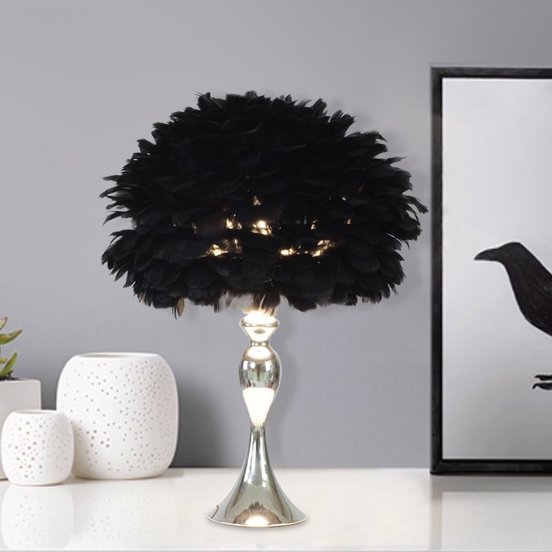 Black/Purple Dome Night Lamp Modern 1-Bulb Feather Table Light with Chrome Baluster Base