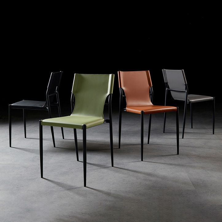 Scandinavian Leather Armless Chairs Indoor Dining Side Chairs with Metal Legs