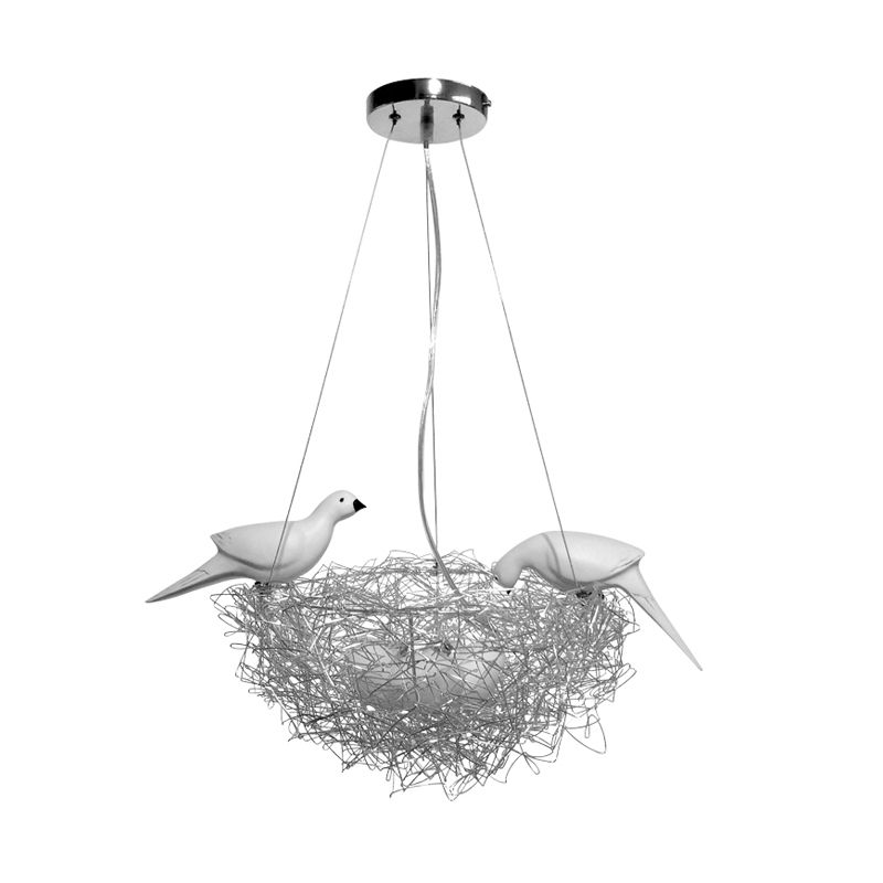 Aluminum Nest-Like Pendant Light Decorative Children Room LED Suspension Lamp with Bird Design in Silver