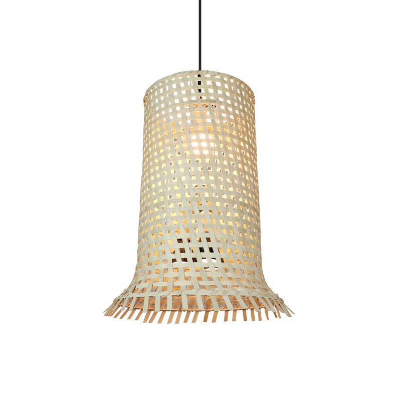 Bamboo Braided Cylindrical Ceiling Lamp Asian 1 Head Wood Hanging Pendant Light with Fringe Trim