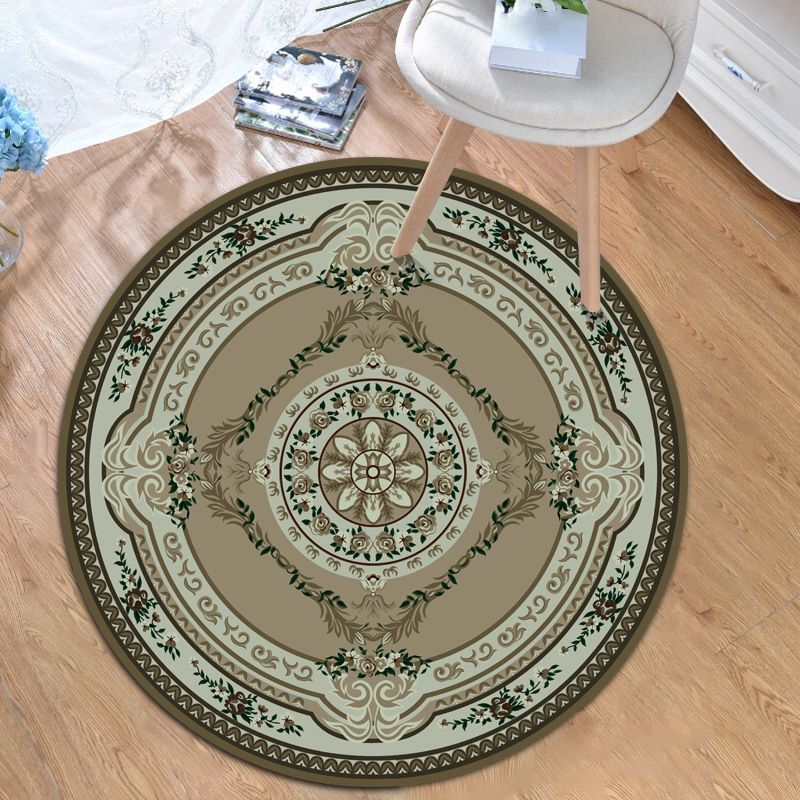 Moroccan Living Room Rug in Green Floral Leaf Motif Print Rug Polyester Non-Slip Backing Area Rug