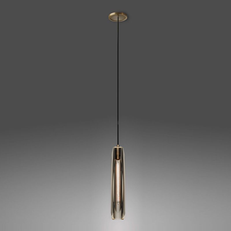 Lámpara colgante cilíndrica de cobre ligero de un solo colgante artístico moderno con sombra de cristal