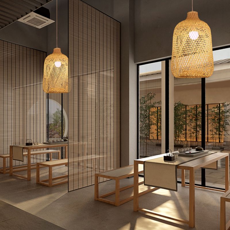 Bird Cage Pendant Light Contemporary Bamboo Single-Bulb Restaurant Suspension Light in Wood