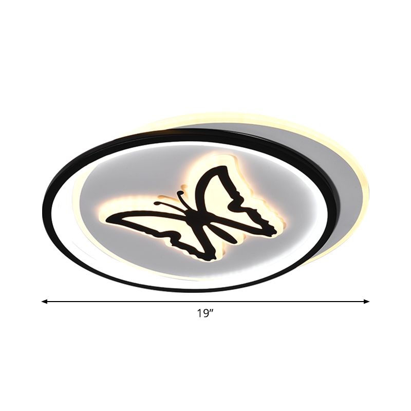 Round/Square Bedroom Ceiling Lamp Acrylic LED Nordic Flush Mount Lighting with Butterfly/Dolphin Design in Black