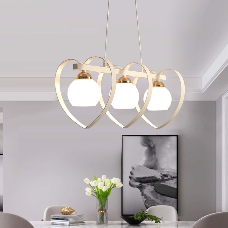 Opal Glass Global Island Lighting Contemporary 3/4 Lights White/Black Hanging Ceiling Lamp with Loving Heart Frame