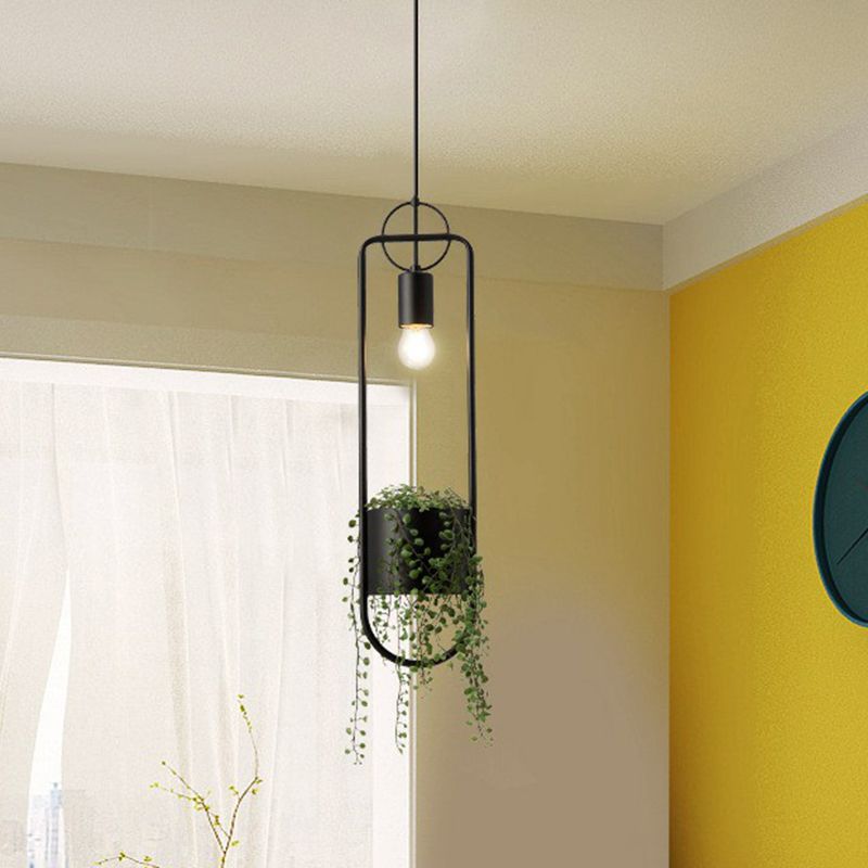 1-Bulb Faux Pot Plant Ceiling Pendant Light Industrial Black Metal Hanging Lamp with Bare Bulb Design