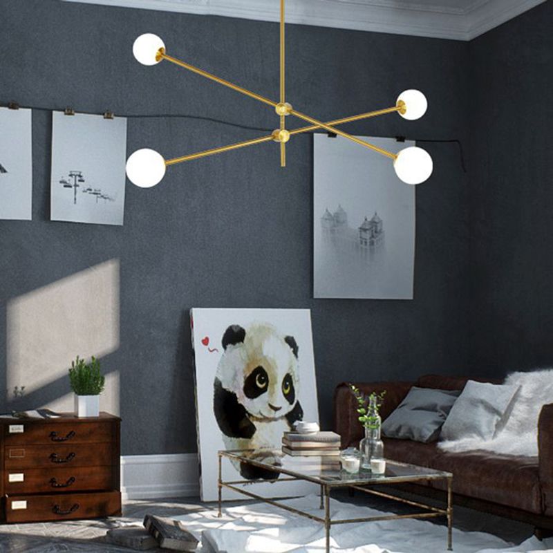 Rotating Linear Metal Island Light Fixture Minimalist Titanium Gold Pendant Light with Ball Milk Glass Shade