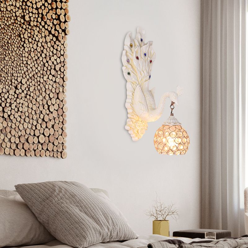 Dome Crystal Wall Mounted Light Antique 1 Light Bedroom Sconce Lamp with Blue/Gold/White Peacock Backplate