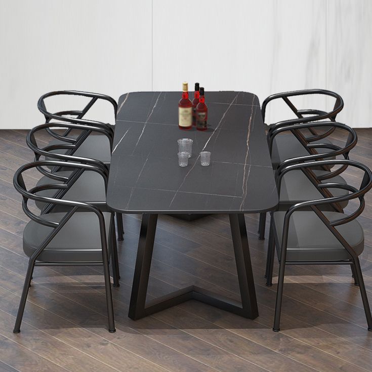 Industrial Style Dining Table Rectangle Sintered Stone Black Table with Metal Base