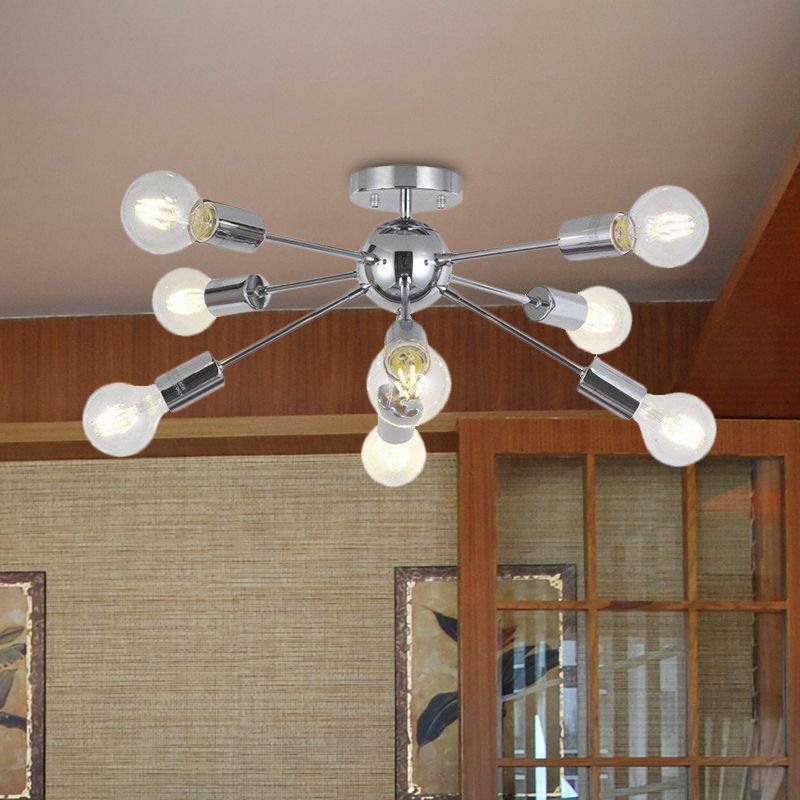 Metal Linear Semi Flush Mount Light with Small Ball Restaurant 8 Heads Modern Ceiling Lamp