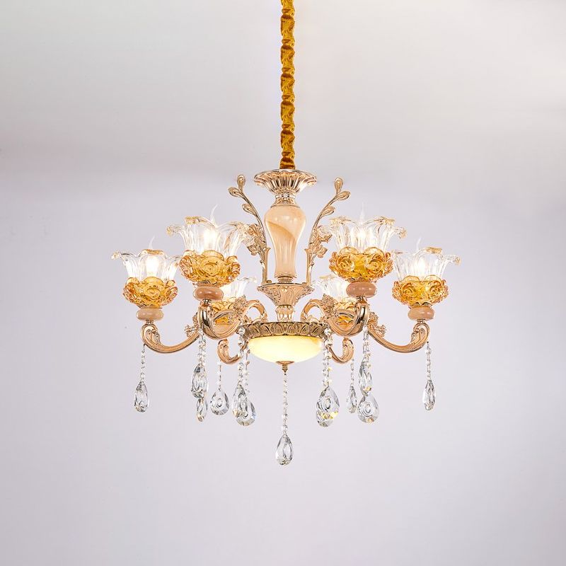 Sospensione del soggiorno floreale Lumo contemporaneo in vetro trasparente Crystal 6 lampadina lampadina in oro rosa