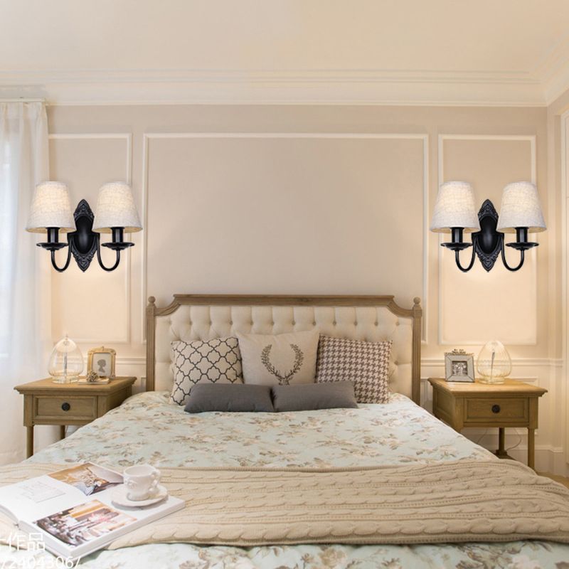 Tapered Bedroom Sconce Light Fixture Rustic Fabric 1/2 Lights Flaxen/White Wall Mounted Light