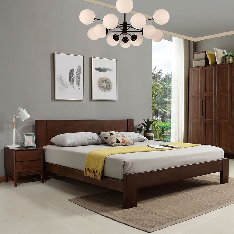 Modern Solid Color Panel Bed Rubberwood Standard Bed with Headboard