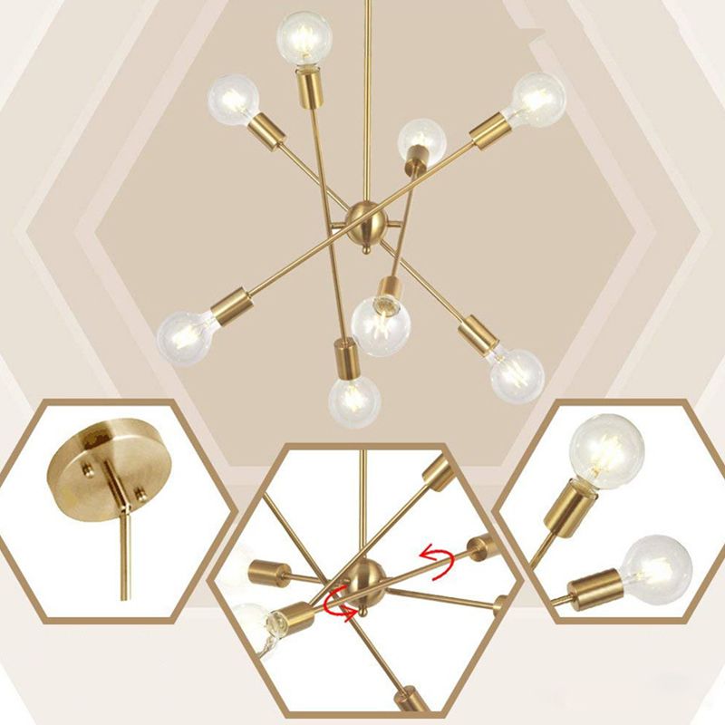 8-Lights Open-Bulb Design Kroonluchter Noordse stijl Gepolijst metaalmoleculair hanglicht voor eetkamer