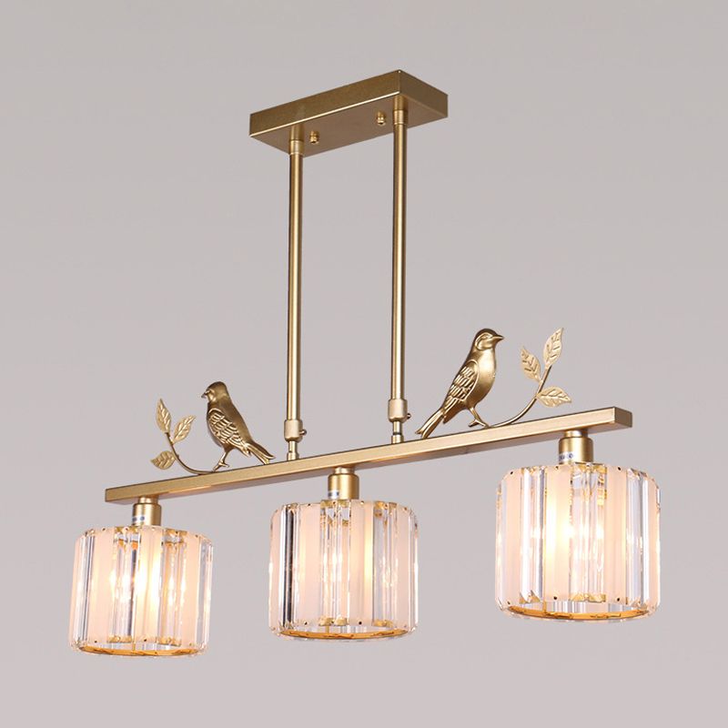 Présentation du cylindre à 3 bulbs Light Postmodern Black / Gol Crystal Prism Pendant avec décoration d'oiseaux et de feuilles