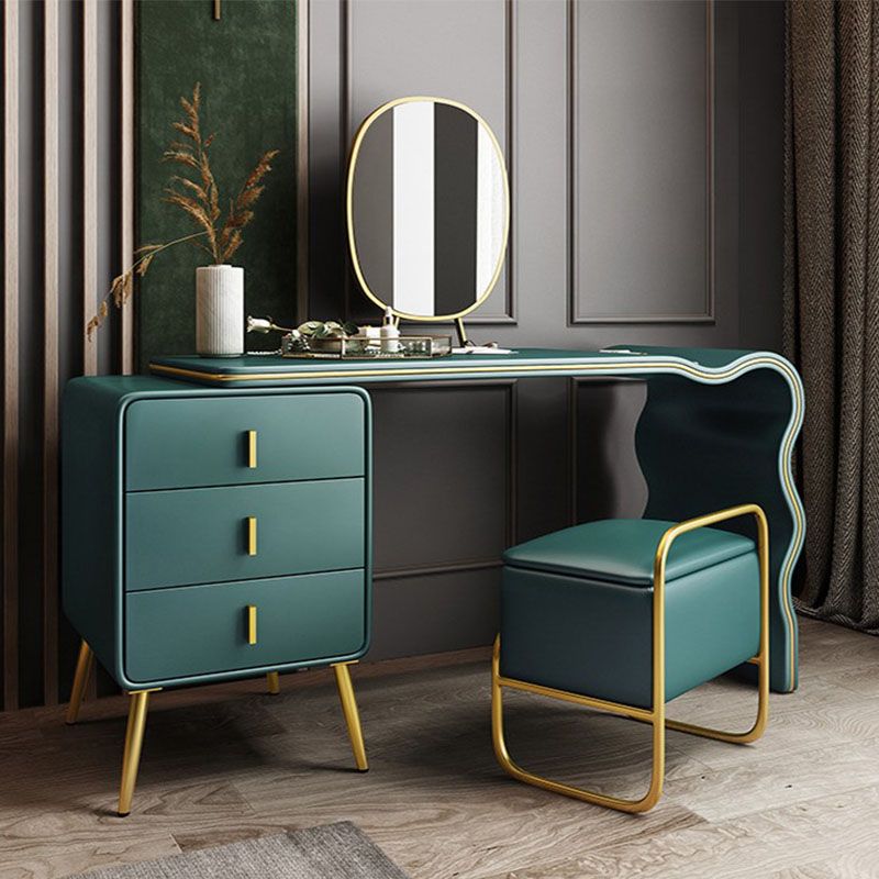 Green Make-up Vanity with 3 Storage Drawers 18.89" Wide  Genuine Leather Dresser