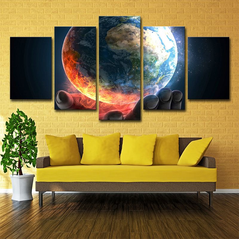Earth in Hand Wall Art Multi-Piece Science Fiction Sitting Room Canvas Print in Orange