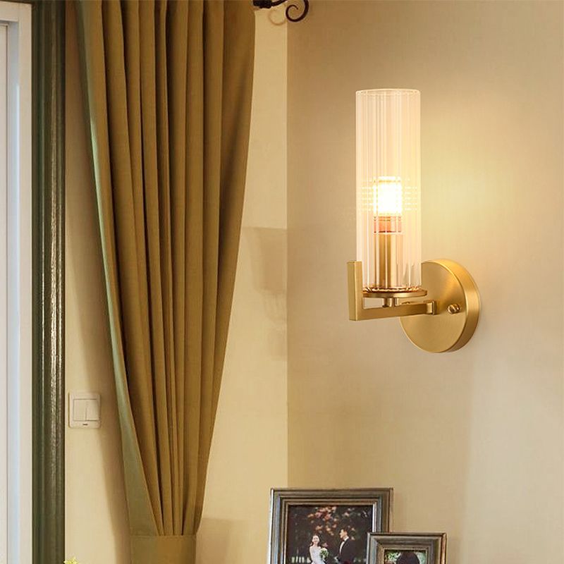 Single-Bulb Glass Wall Light Minimalist Gold Finish Cylindrical Foyer Wall Sconce Lamp