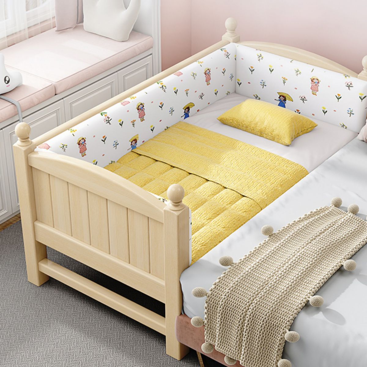 Solid Wood Kids Bed Gender Neutral Toddler Bed with Guardrail