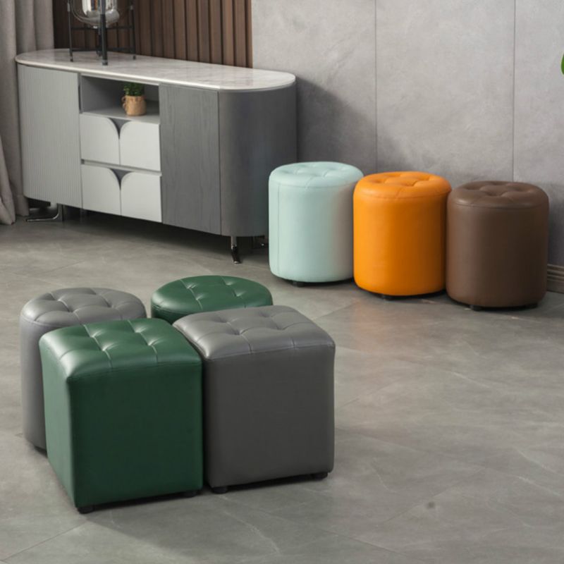 Dark Green Contemporary Pouf Pure Color Round Leather Indoor Pouf