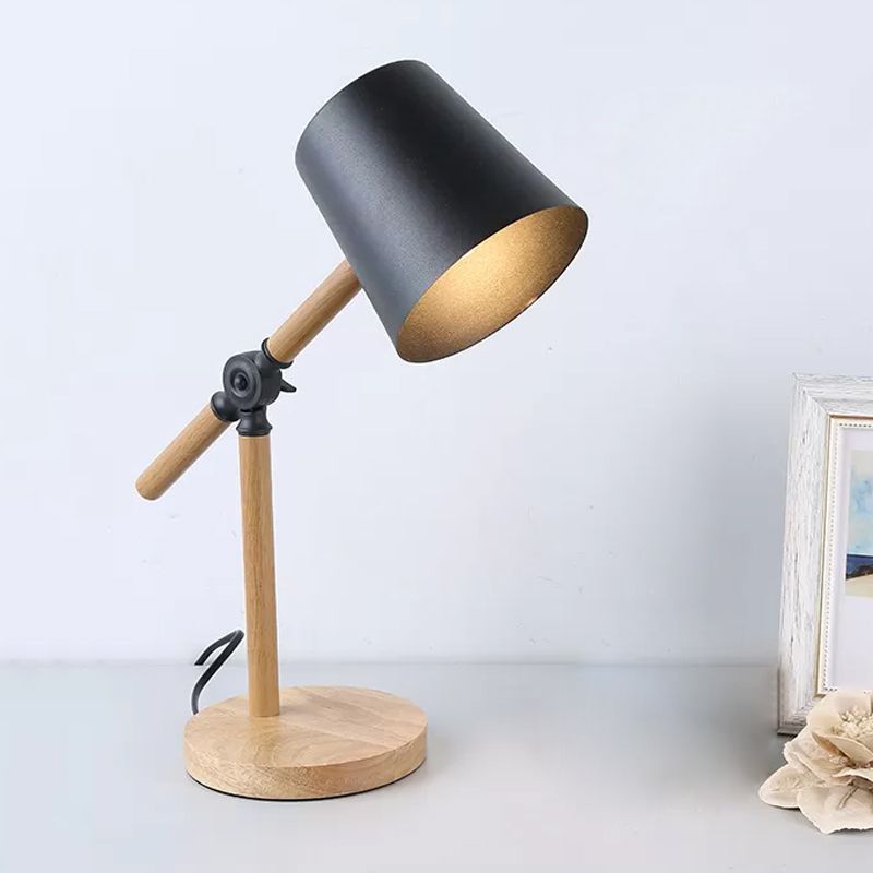 Holzschwung Arm Tischlampe Nordic 1 helles Nachttischlicht mit Fassschatten in Schwarz/Weiß/Rosa