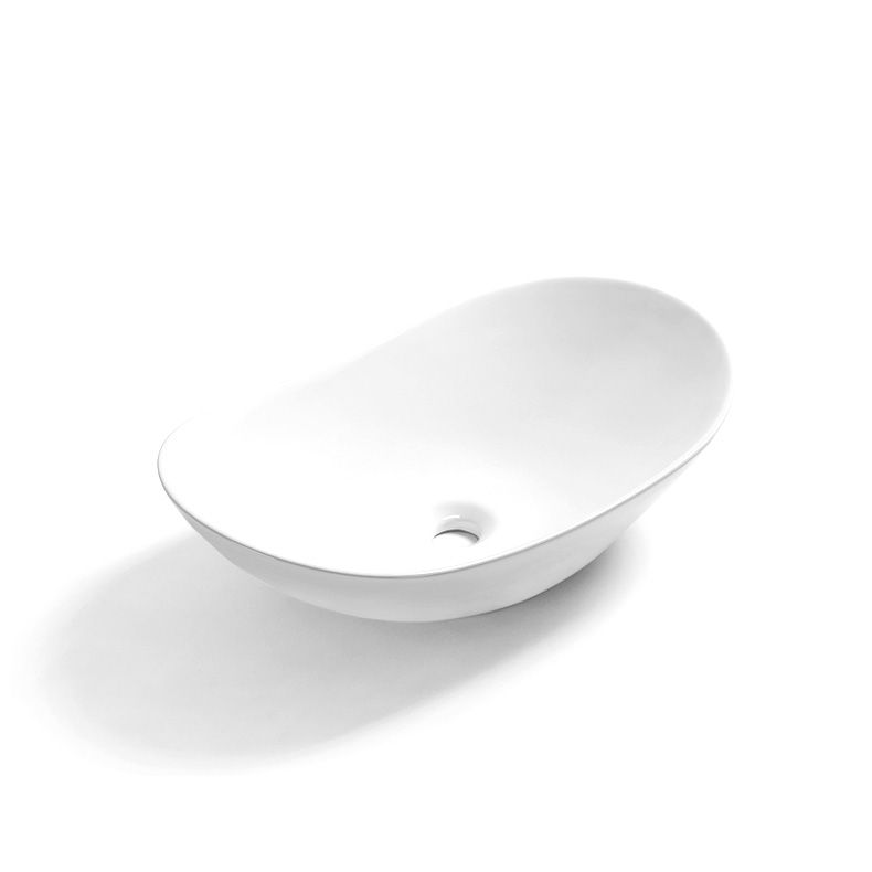 Contemporary Bathroom Sink Pop-Up Drain Porcelain Solid Color Oval-Shape Vessel Sink