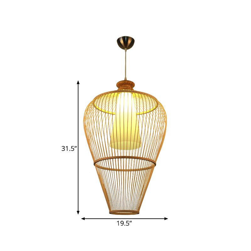 Rural Urn Cage Bamboo Pendulum Light Single-Bulb Pendant Lighting Fixture in Beige with Inner Cone Shade