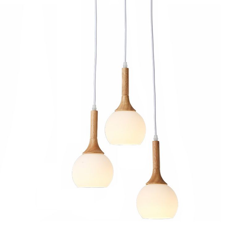 Lampada a sospensione nordica in legno piccolo sospensione con tonalità di vetro bianco per sala da pranzo
