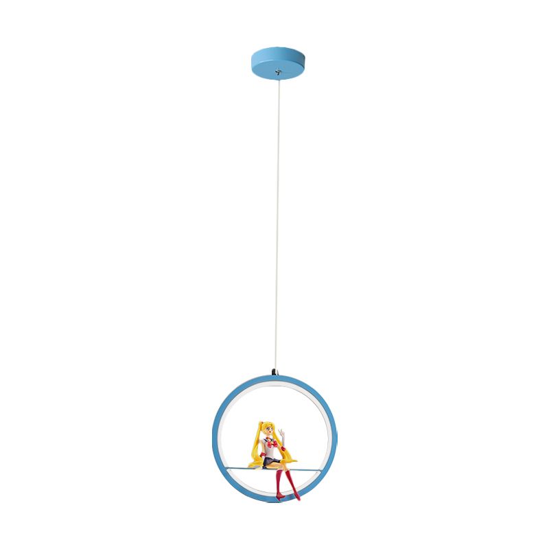 Round Girls Bedroom Pendant Chandelier Metallic LED Cartoon Hanging Light with Girl Decor in Pink/Blue