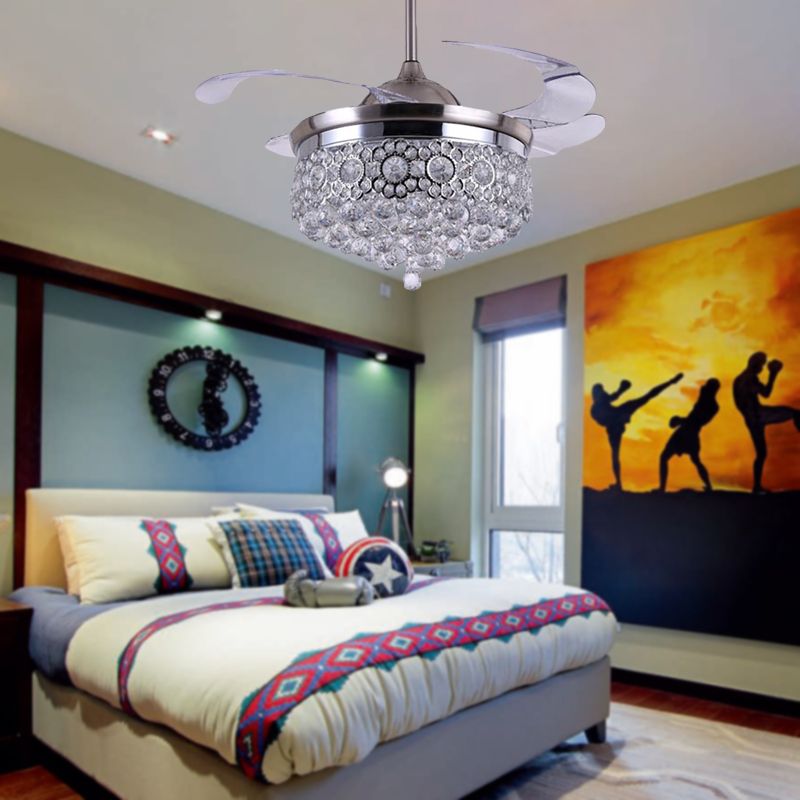Lampada a soffitto a LED a sfera di cristallo trasparente moderno controllo telecomando/controllo della parete/frequenza convertibile residenza interno con ventola in argento