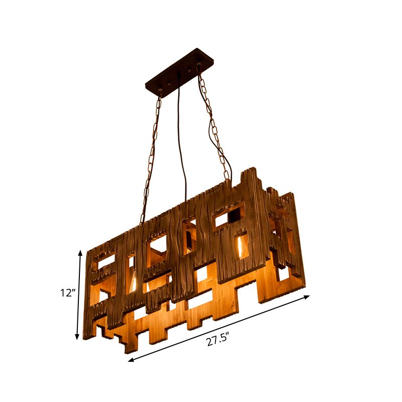 Rectangle Restaurant Island Chandelier Light Wood 2/3 Bulbs Countryside Pendant Lamp with Hollow Out Design in Brown