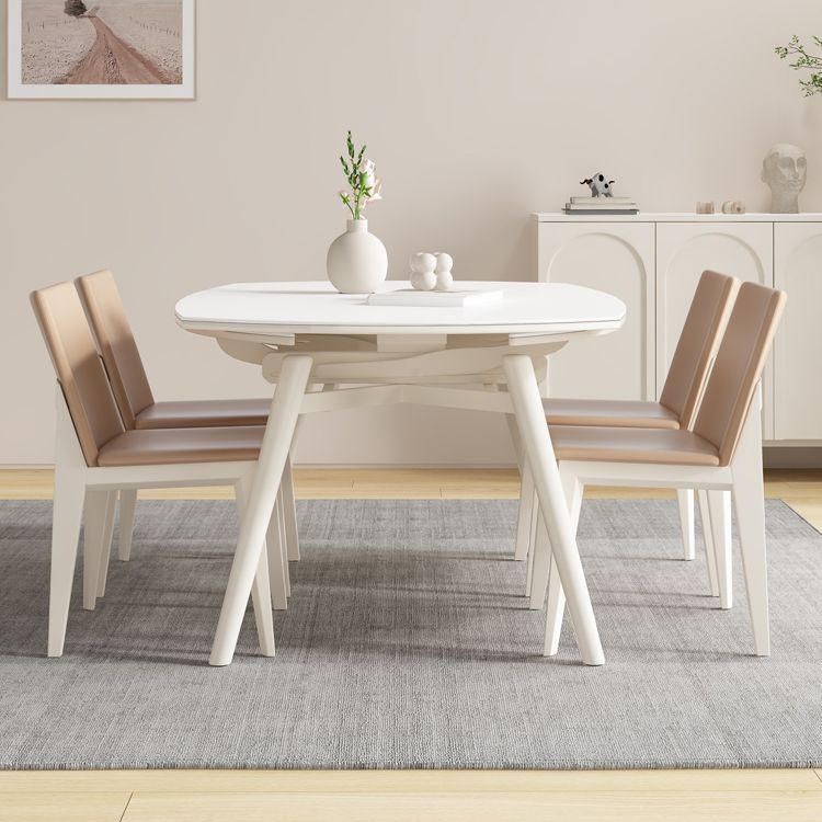 White Drop-Leaf Dining Table Round Sintered Stone Dinner Table for Dining Room