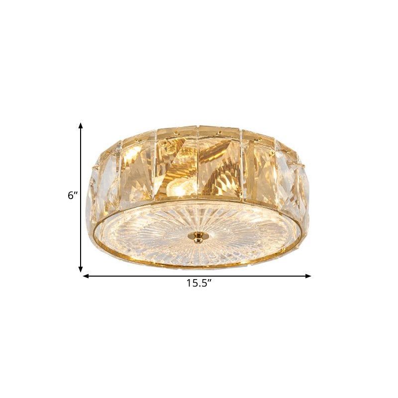 Gold LED Flush Mount Lamp Modern Faceted Crystal Panels Drum Close to Ceiling Light for Bedroom