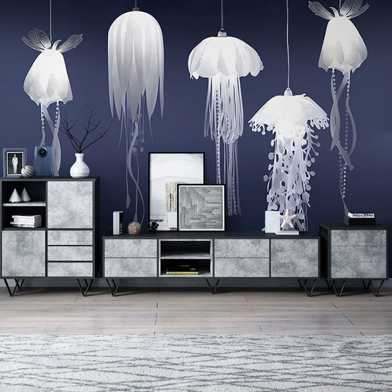 Full Size Illustration Natural Mural Wallpaper for Dining Room with Jellyfish in Blue and Purple