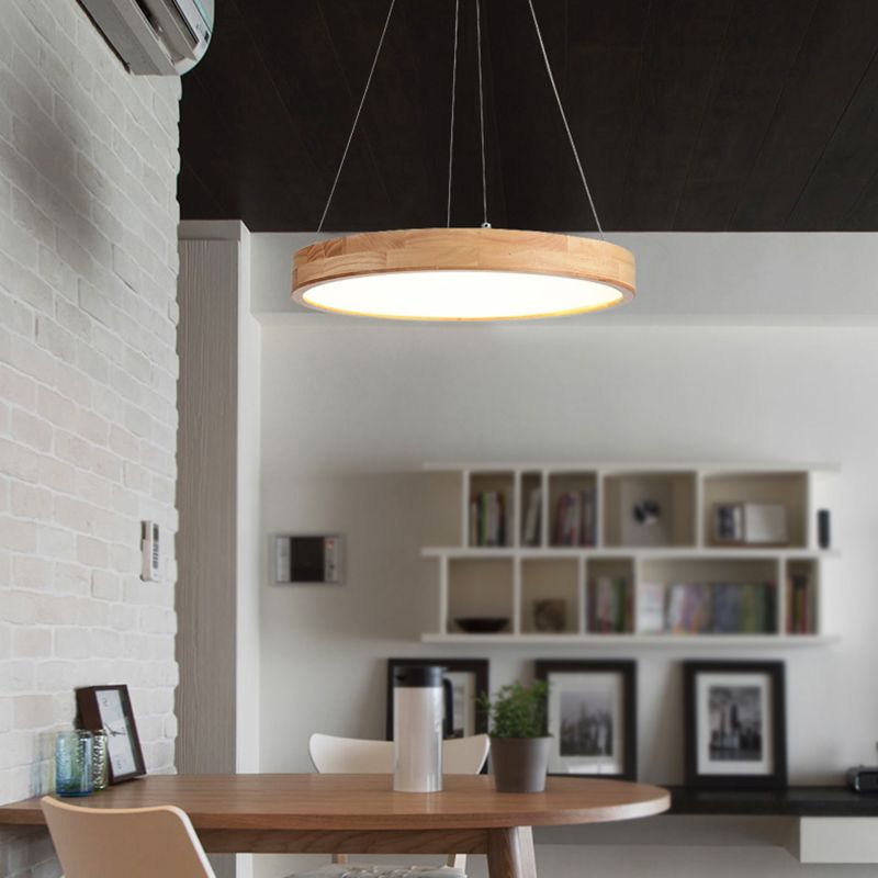 Round Wooden Hanging Lamp LED Pendant Light for Dining Room with Acrylic Shade