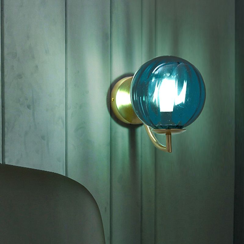 Sphere Wall Lighting Modernism Blue Ribbed Glass 1 Bulb Bedroom Sconce Light Fixture