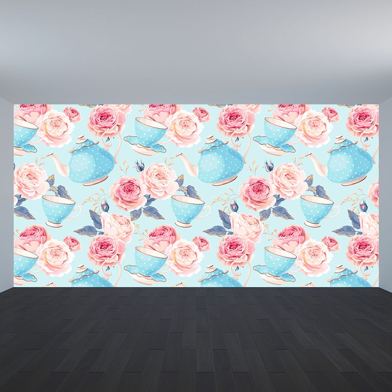 Modern Flower Rose Bloom Mural Pastel Moisture Resistant Wall Decor for Girls Room